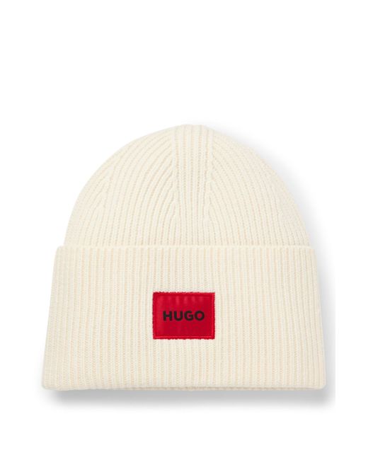 HUGO White Mütze Aus Woll-Mix Mit Rotem Logo-Aufnäher