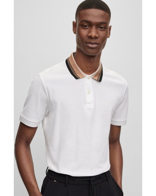 BOSS by HUGO BOSS Cotton-piqu Slim-fit Polo Shirt With Striped Collar in  White for Men | Lyst