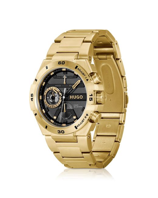 HUGO Metallic Black-dial Watch In Yellow-gold-tone Steel for men