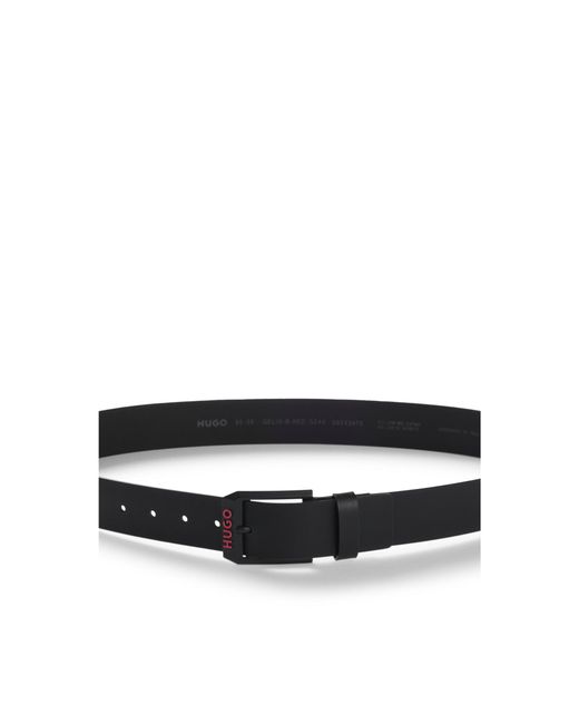 HUGO Black Italian-Leather Belt With Angular Logo Buckle for men