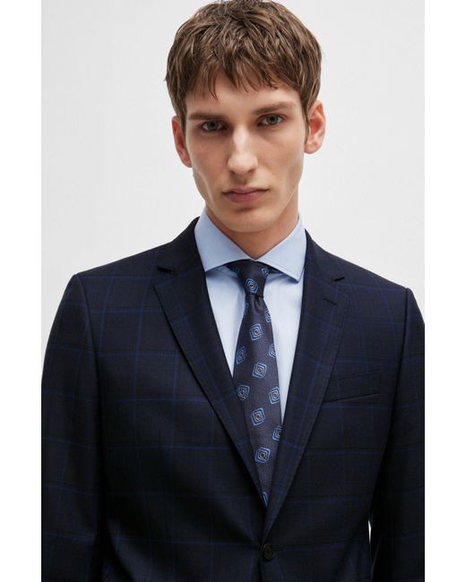 Boss Blue Slim-fit Suit In Checked Wool for men