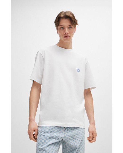 HUGO White Cotton-jersey T-shirt With Smiley-face Logo for men