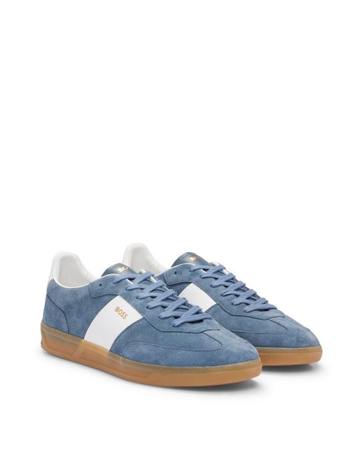 Boss Blue Suede-leather Lace-up Trainers With Branding for men