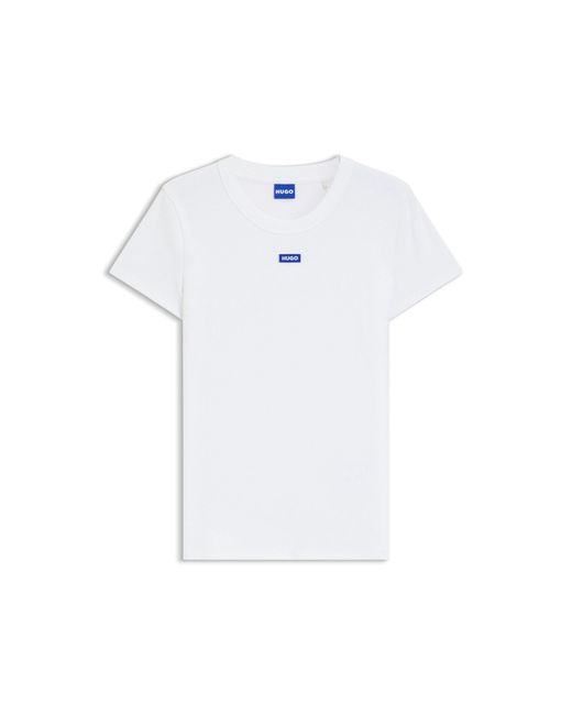 HUGO White Stretch-Cotton Slim-Fit T-Shirt With Logo Badge
