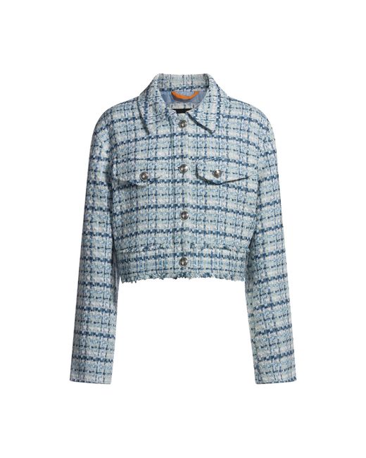 Boss Blue Cropped Tweed Jacket With Metallic Buttons