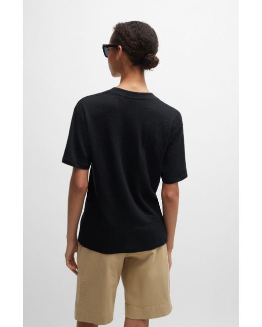T-shirt à col V en lin Boss en coloris Black