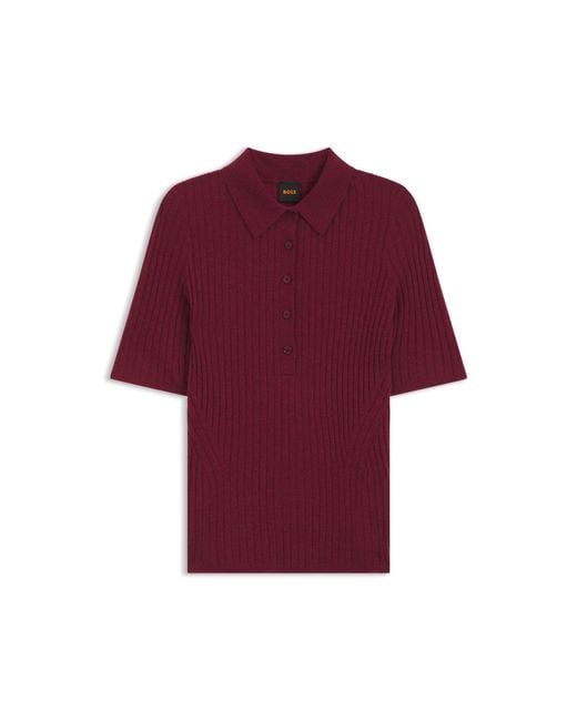 Boss Red Short-Sleeved Wool-Blend Sweater With Polo Collar