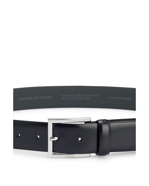 Boss Black Leather Belt With Square Logo-engraved Buckle for men