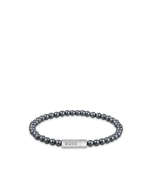 Boss White Hematite-Bead Cuff With Logo Closure for men