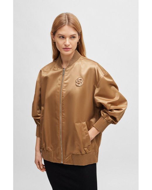 Boss Brown Sateen Bomber Jacket With Double Monogram Embroidery