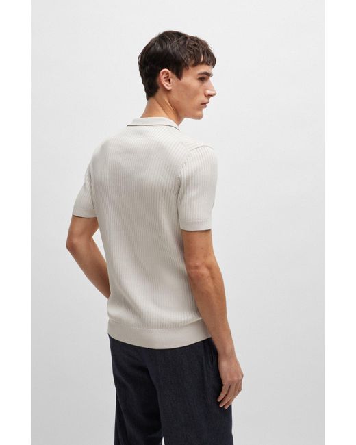 Boss White Mixed-knit Polo Sweater In Silk And Cotton for men