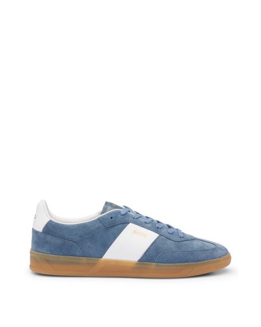 Boss Blue Suede-leather Lace-up Trainers With Branding for men