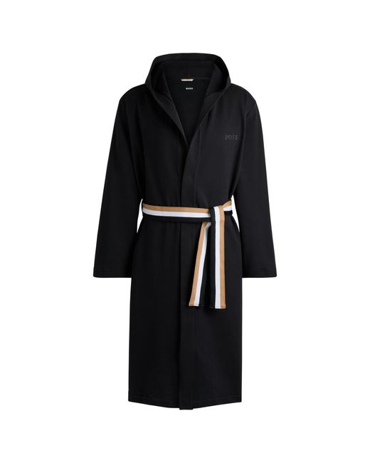 Boss Black Cotton-Terry Hooded Dressing Gown With Signature-Stripe Belt for men