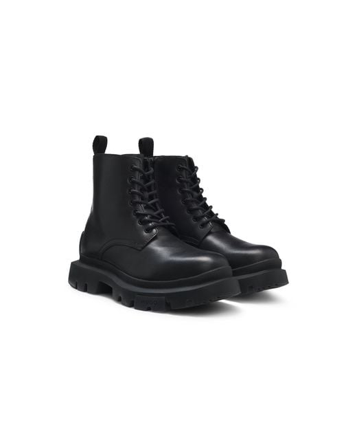 HUGO Black Lace-Up Leather Boots With Chunky Sole for men