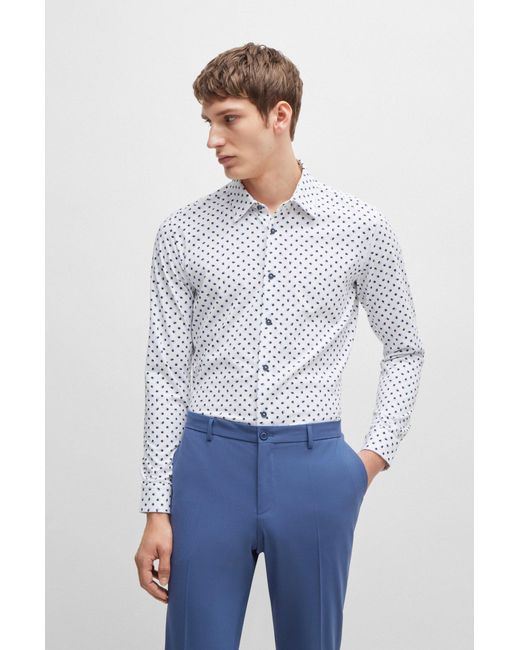Boss White Slim-fit Shirt In Printed Cotton-blend Jersey for men