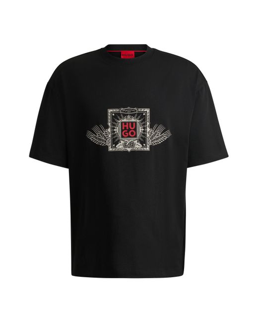 HUGO Black Cotton-jersey T-shirt With Seasonal Artwork And Embroidery for men