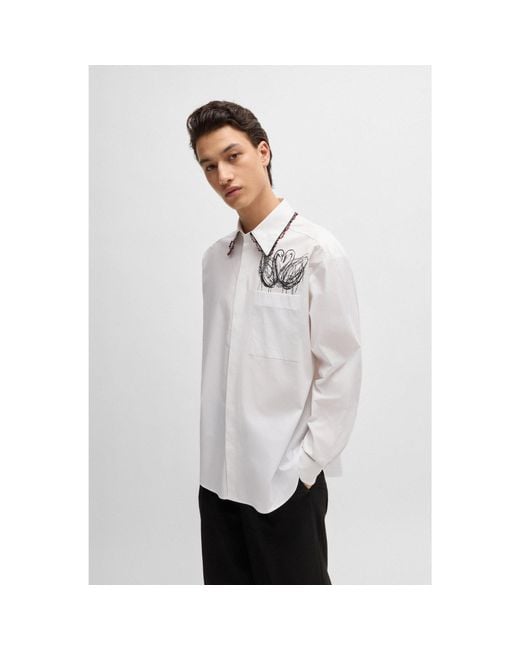 HUGO White X Les Benjamins Oversized-Fit Shirt With Swan Graphic for men