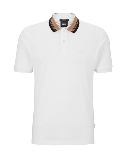 Boss White Cotton-piqu Slim-fit Polo Shirt With Striped Collar for men