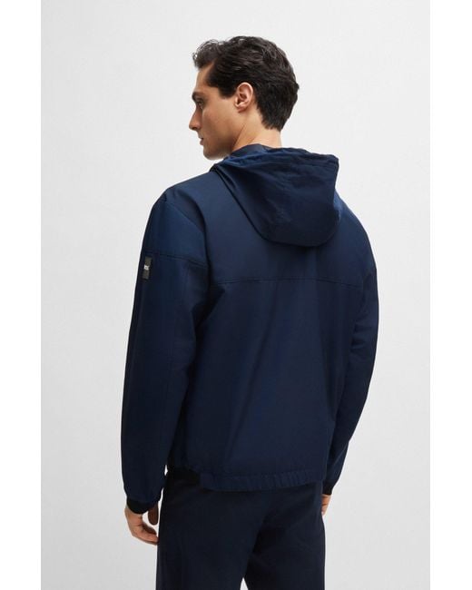 Boss Blue Water-repellent Hooded Jacket In A Regular Fit for men