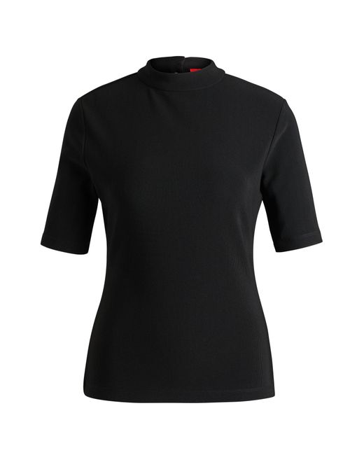 HUGO Black Ribbed-jersey Slim-fit Top With Mock Neckline