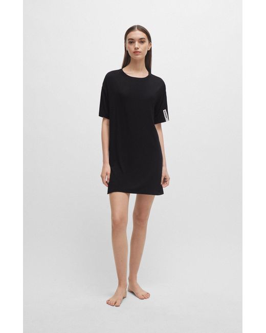 HUGO Black Relaxed-fit Night Dress With Logo Print