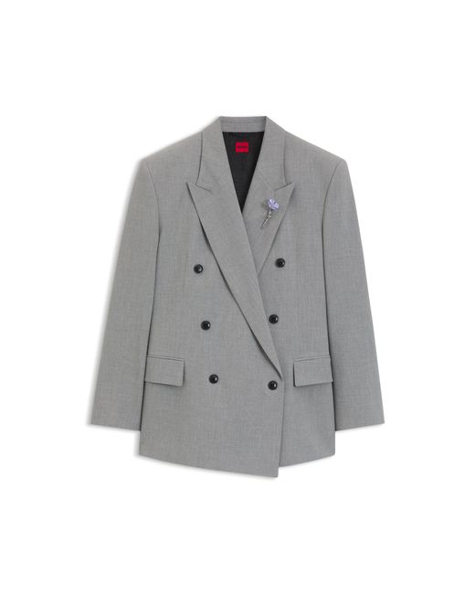 HUGO Gray Relaxed-Fit Blazer With Enamel Flower Brooch