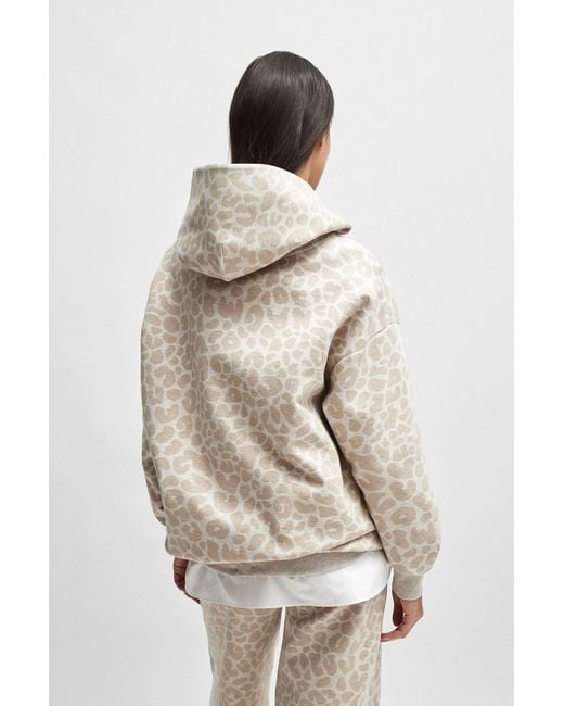 Boss Natural Naomi X Longline Cotton-blend Hoodie With Leopard Print