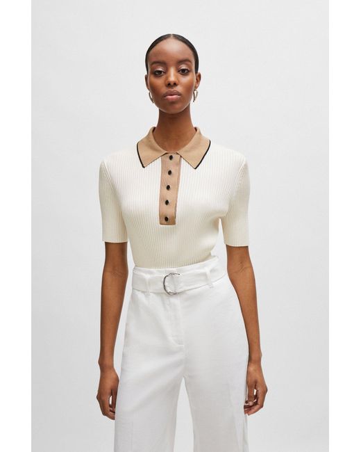 Boss White Slim-fit Ribbed Top With Collar And Placket