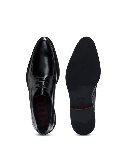 HUGO Black Leather Derby Shoes With Stacked Logo Detail for men