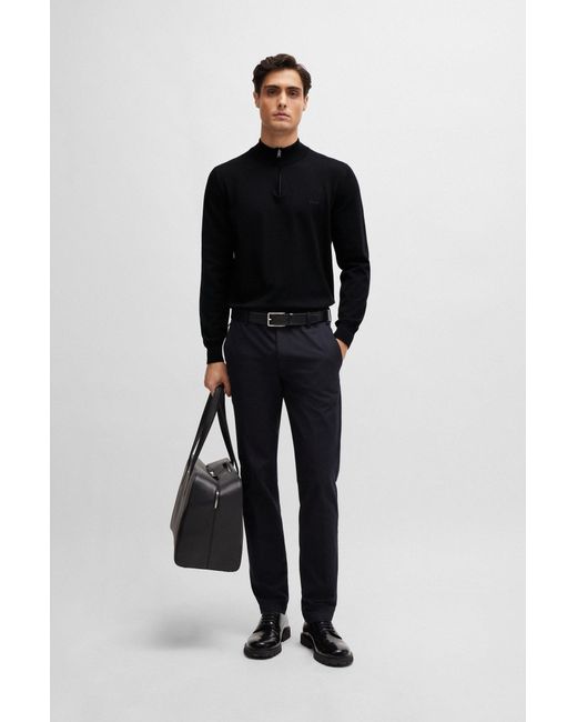 Boss Black Logo-embroidered Zip-neck Sweater In Cotton Jersey for men