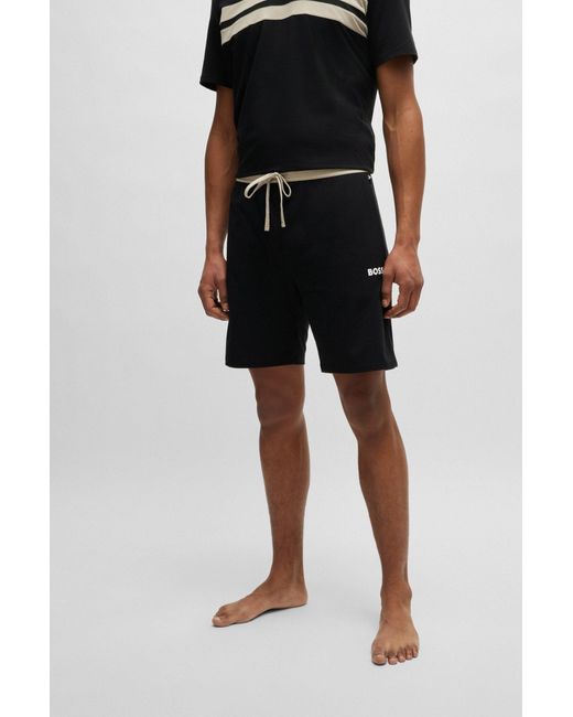 Boss Black Cotton-blend Pyjama Shorts With Printed Logo for men