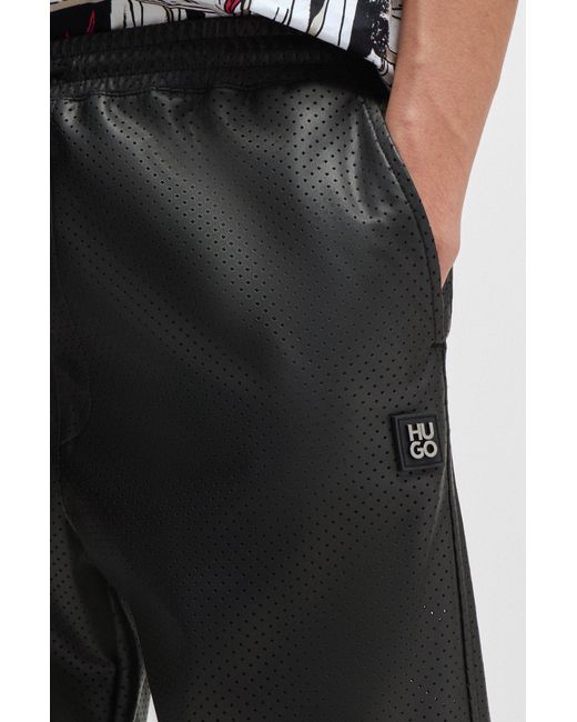 HUGO Black Perforated Faux-leather Shorts With Stacked Logo for men