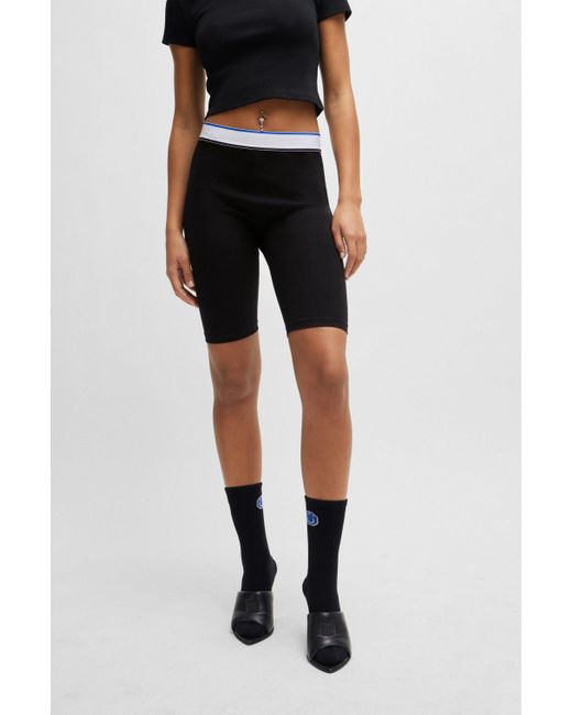 HUGO Black Biker-Shorts aus elastischem Baumwoll-Jersey mit Logo-Bund