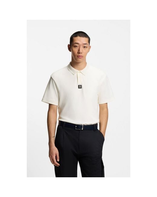 HUGO White Interlock-Cotton Polo Shirt With Stacked Logo for men