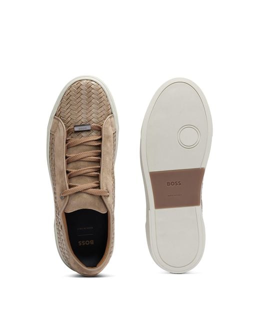 Boss Natural Gary Italian-made Woven Trainers In Leather And Suede for men