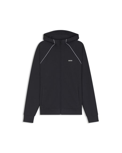Boss Black Cotton-Blend Zip-Up Hoodie With Piping Details for men