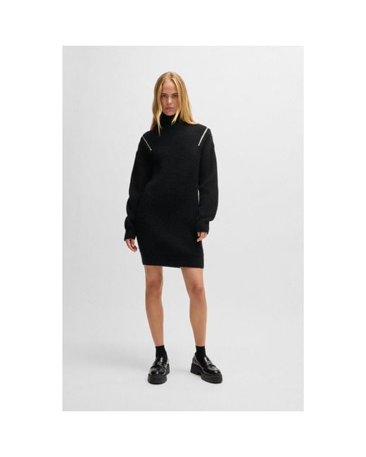 HUGO Black Wool-Blend Knitted Dress With Zip Shoulders