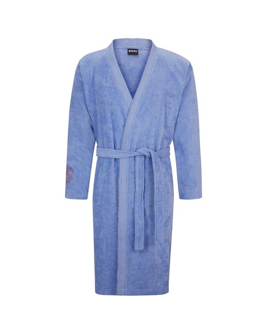 Boss Blue Cotton Dressing Gown With Embroidered Details