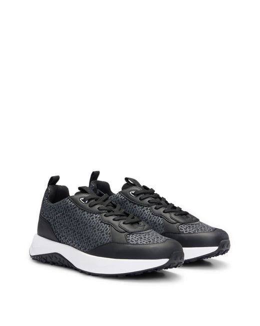 HUGO Black Mixed-material Trainers With Repeat-logo Details for men