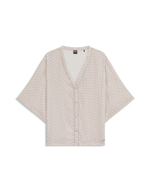 Boss White Pyjama-Hemd Aus Satin Mit Allover-Monogramm-Print