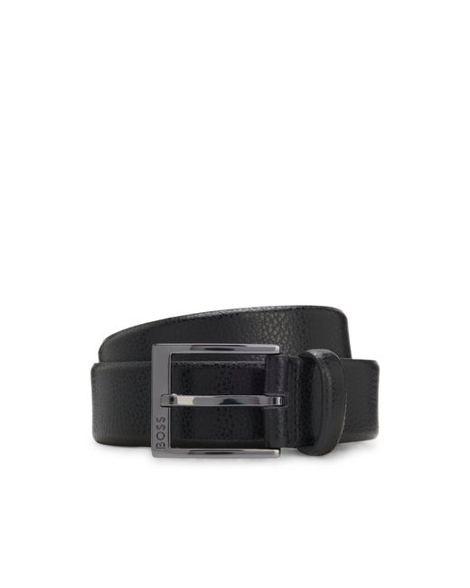 Boss Black Grained Italian-Leather Belt With Gunmetal Pin Buckle for men