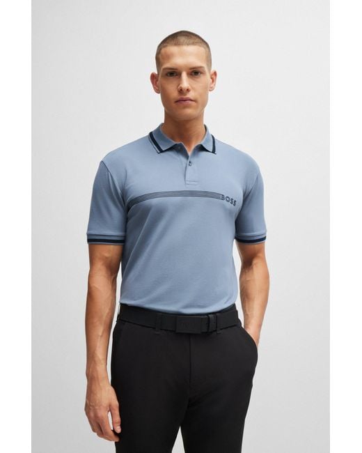 Boss Blue Cotton-blend Polo Shirt With Stripes And Logo for men