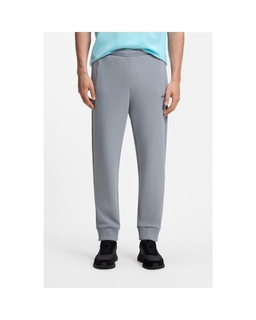 Boss Gray Cotton-Blend Tracksuit Bottoms With Embroidered Logo for men