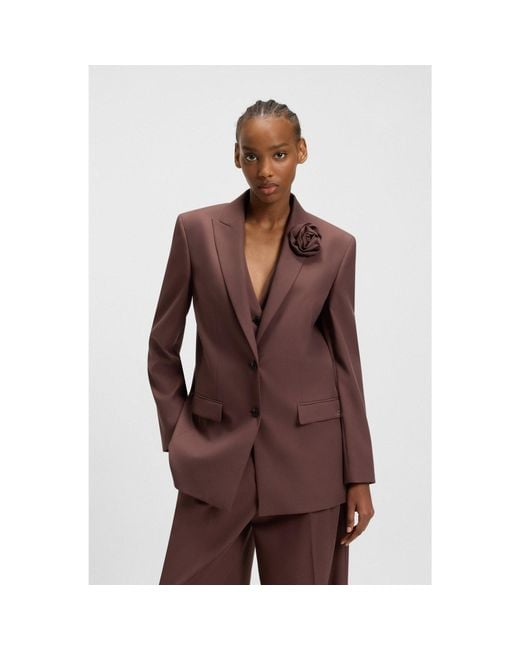 HUGO Brown Relaxed-Fit Blazer With Flower Brooch