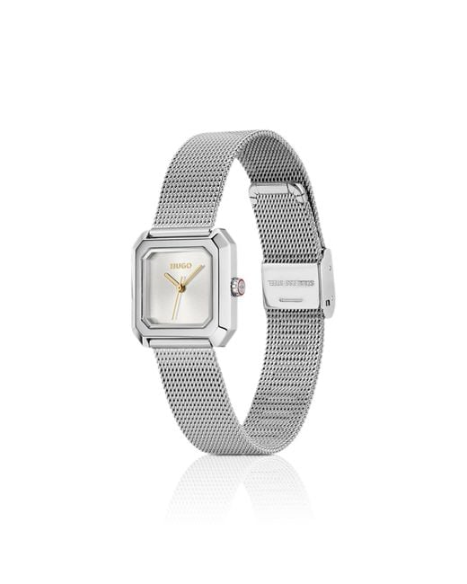 HUGO White Hazel Stainless-Steel Square Watch With Mesh Bracelet