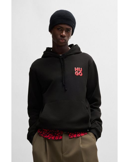 HUGO Black Cotton-terry Hoodie With Stacked Logo Print for men