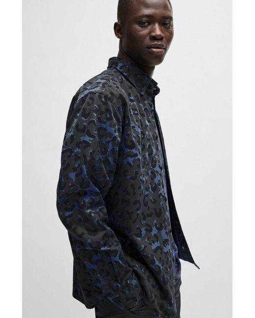 Boss Blue Relaxed-fit Shirt In Leopard-print Cotton Twill for men