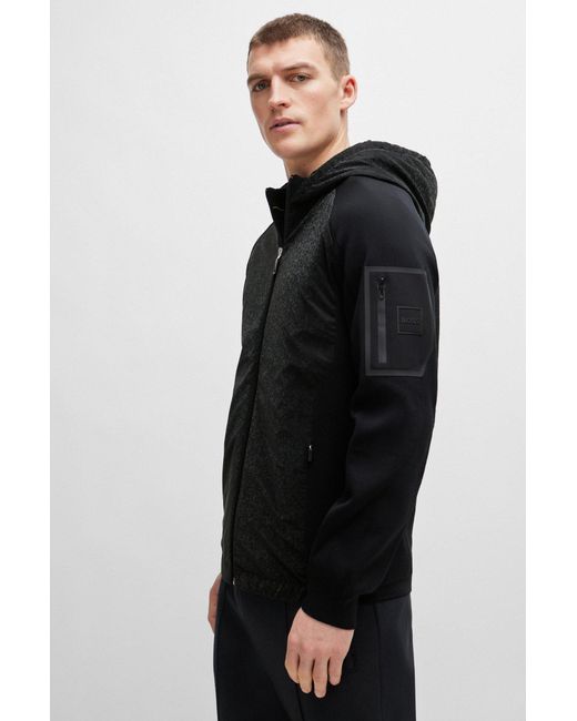 Boss Black Mixed-material Zip-up Hoodie With Signature Sleeve Pocket for men