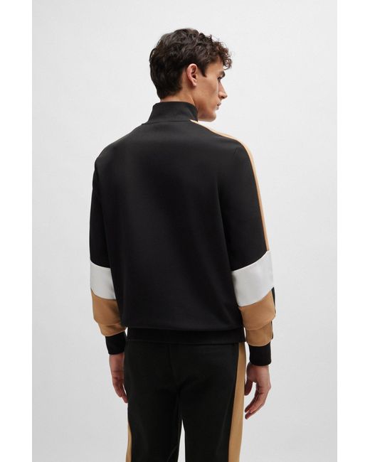Boss Black Cotton-blend Zip-up Sweatshirt With Colour-blocking for men