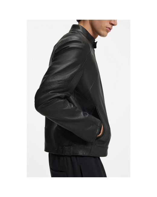 HUGO Black Leather Jacket With Piped Details for men